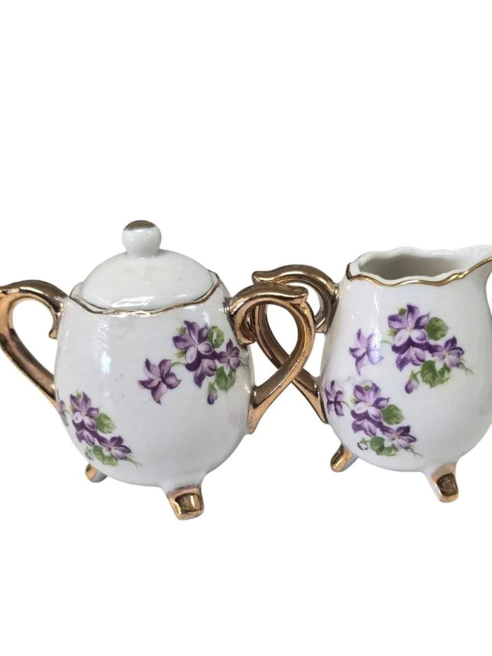Vintage Enesco Japanese Creamer & Sugar Set Purple Floral Gold Trim Footed 3.5